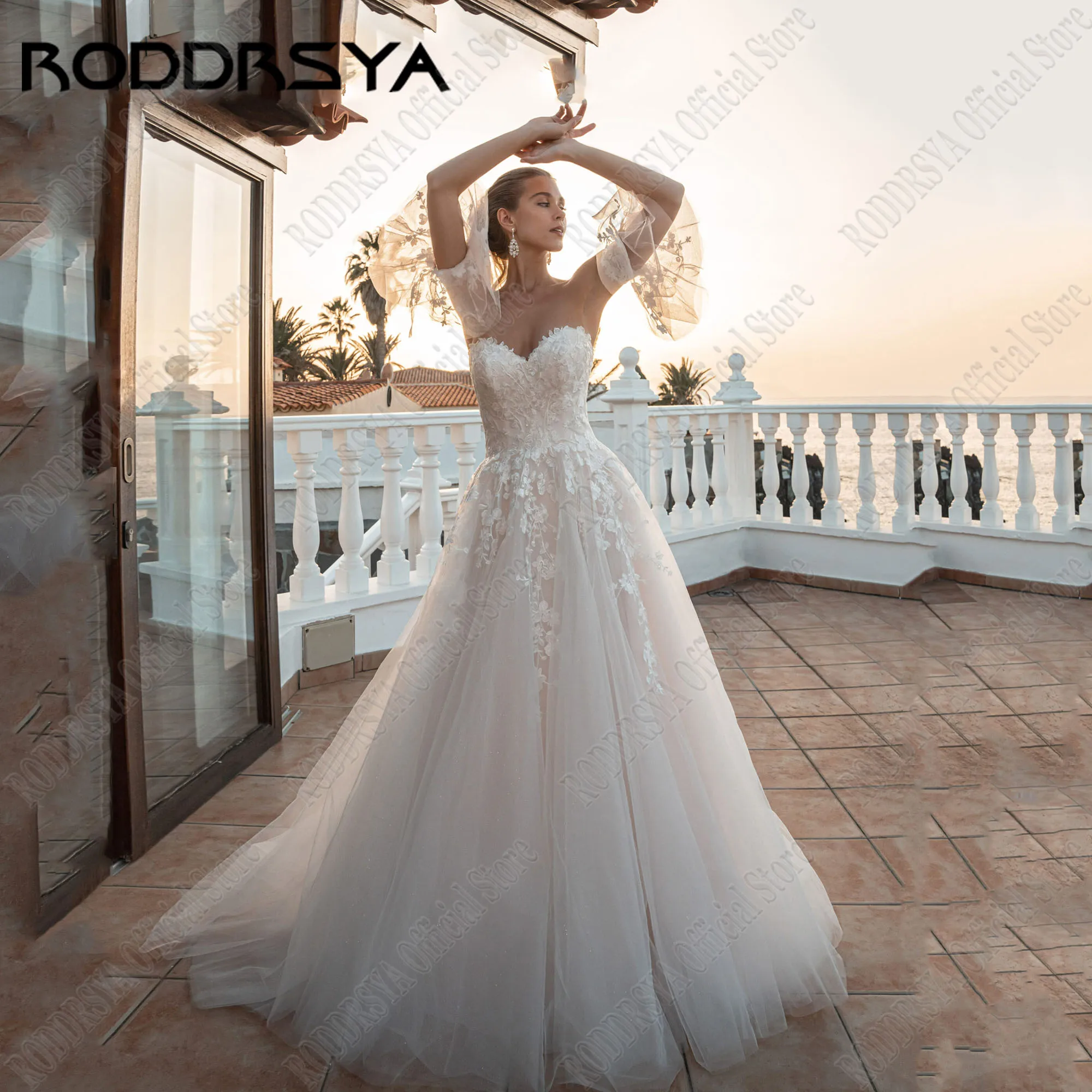 

RODDRSYA Strapless Bride Gowns Applique A-Line Detachable Sleeves Lace Up Backless Glitter Tulle Wedding Party Dresses Custom