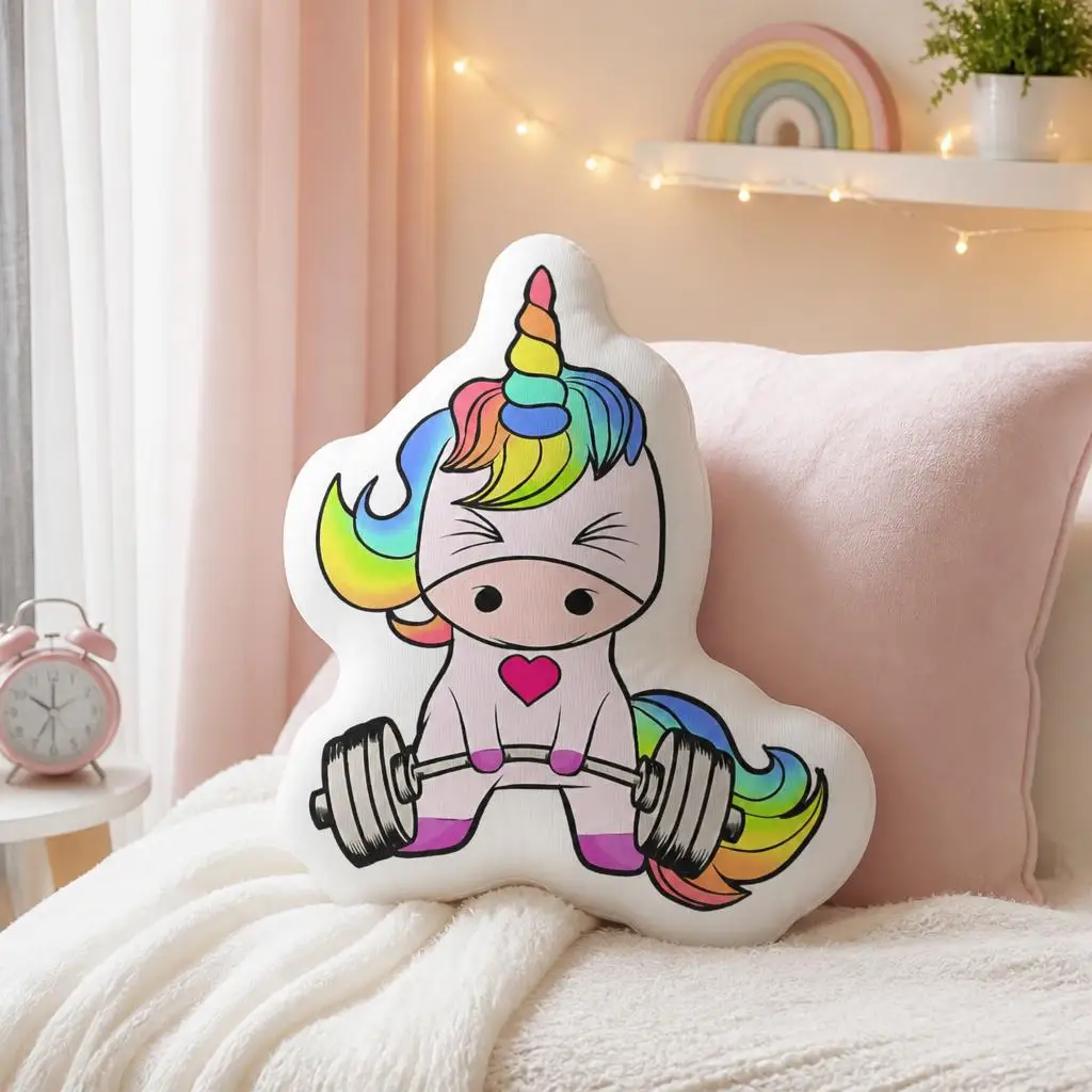 Rainbow Unicorn Weightlifting Throw Pillow Cute Gym Workout Cushion Irregular Stuffed Decorative Pillow Bedroom Sofa Decor