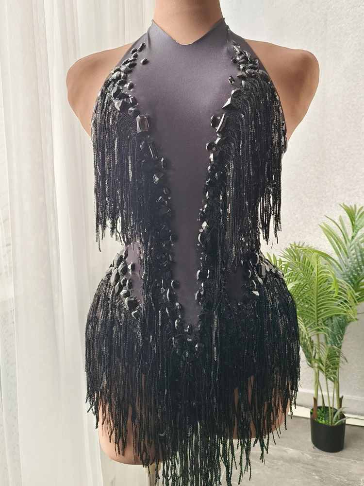 Sparkly strass lantejoulas tassel collant feminino nightclub outfit cantor dancer traje palco wear sexy desempenho bodysuit