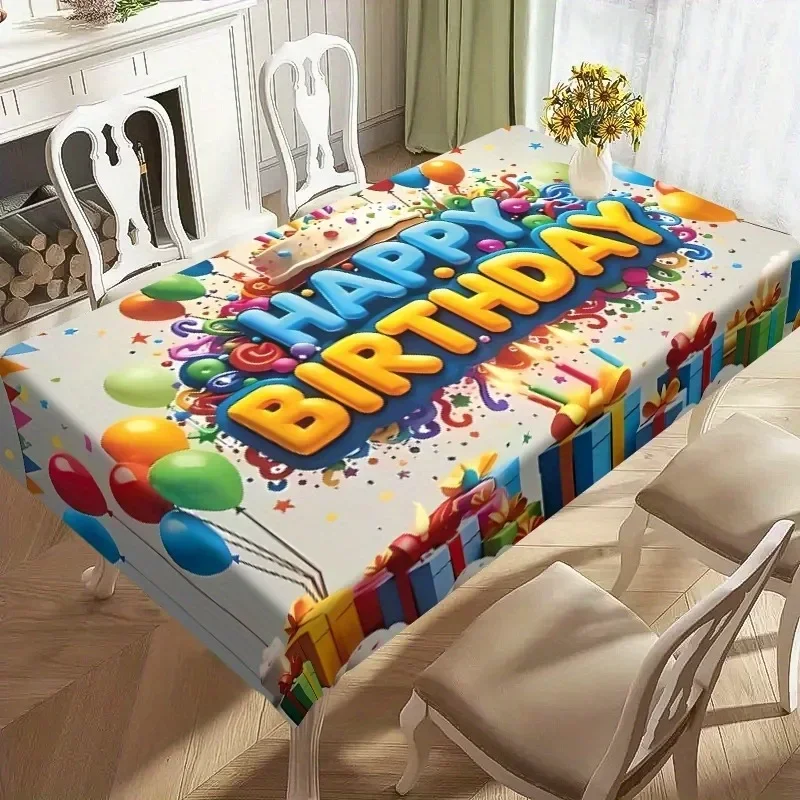 1pc Birthday Happy Tablecloth, printed with colorful balloons and gift box patterns - Lightweight square tablecloth, yzb