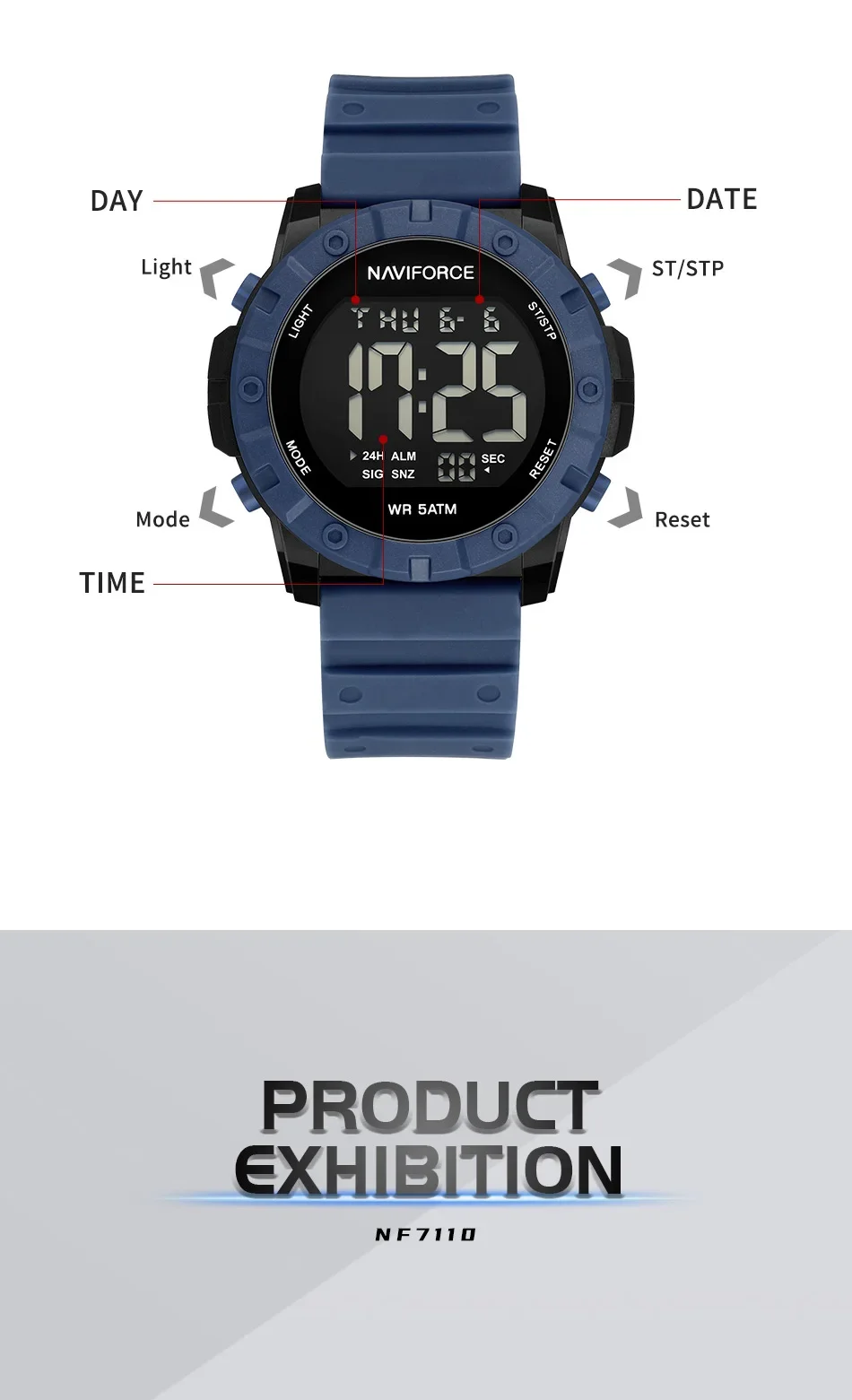 NAVIFORCE NF7110 ساعة إلكترونية للرجال رياضية 5ATM مقاومة للماء ومضادة للصدمات رقمية عالية الجودة