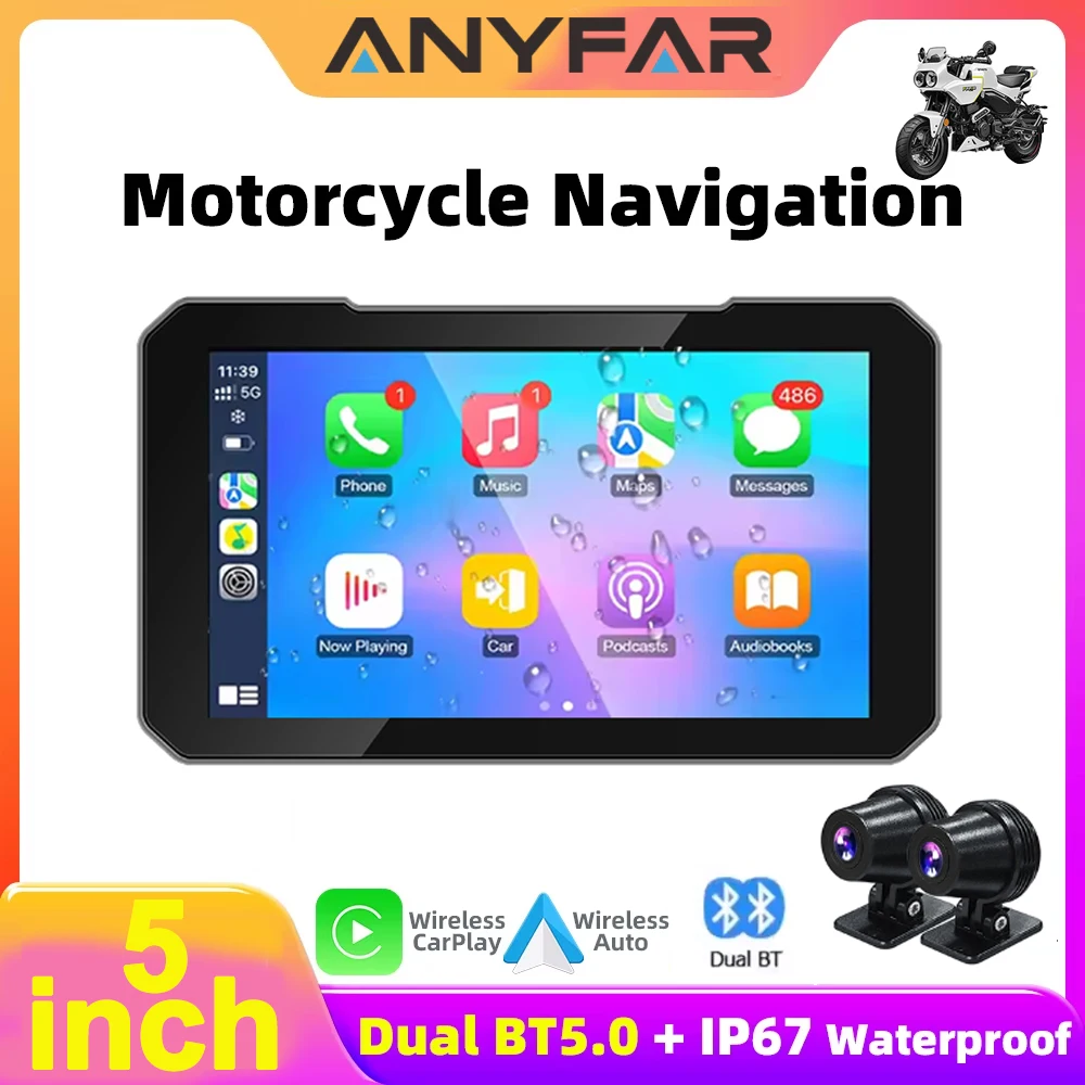 شاشة CarPlay للدراجات النارية مقاس 5 بوصات تعمل باللمس تدعم تسجيل الكاميرا المزدوجة مع CarPlay اللاسلكي وAndroid Auto IP67 Waterpr