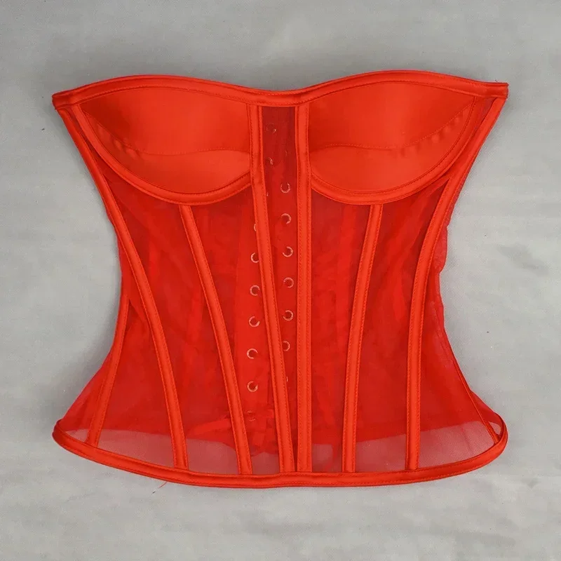 Women Black Mesh Overbust 2025 New Ladies Female Sexy See Through Lace Up Bustiers Tops Slimming Fit Body Shaper