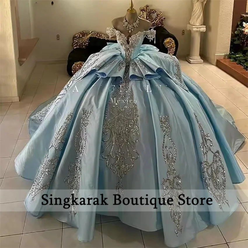 Vestidos de quinceañera con lazo y hombros descubiertos, color azul cielo, vestido de baile con cuentas de cristal, diamantes, apliques de lentejuelas, dulces 15 años personalizados