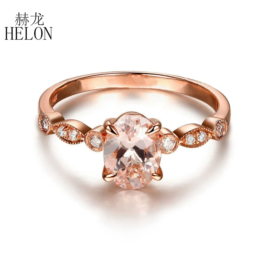 HELON Solid 14K Rose Gold Oval Cut 6x8mm Morganite Diamonds Engagement Wedding Ring Anniversary Gift for Women Fine Jewelry