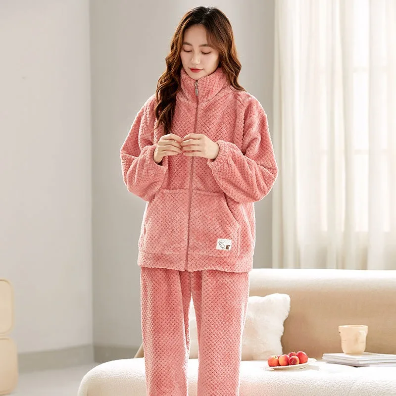 Women Coral Velvet Pajamas Female Thickened Fleece Warm Stand Collar Casual Homewear Suit Large Size Solid Color Sleepwear Sets