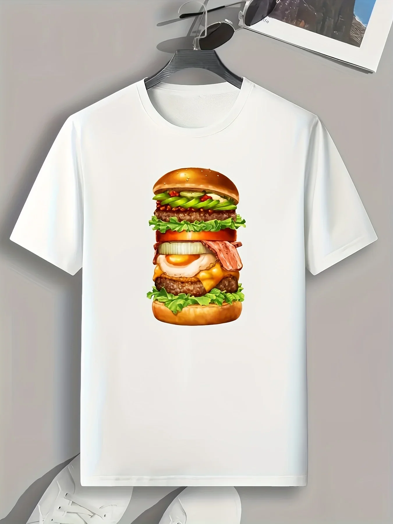 Funny Hamburger Tower Print Men Graphic T-shirt Casual Comfy Cotton Tees for Summer Outdoors Mens Clothing