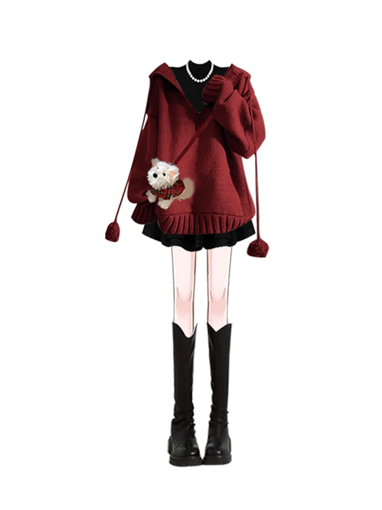 Cisas Aosphere Red Dr Autumn Winter Set High Waist A-Line Skirt Long Sve Commute Casual Ci Wear Polyester Fiber