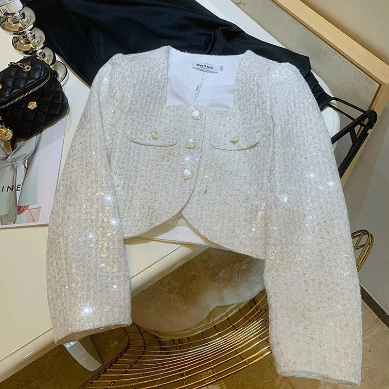 

Women 2023 Spring Tweed Heavy Industry Sequin White Fragrant Coat Square Neck Short Jacket