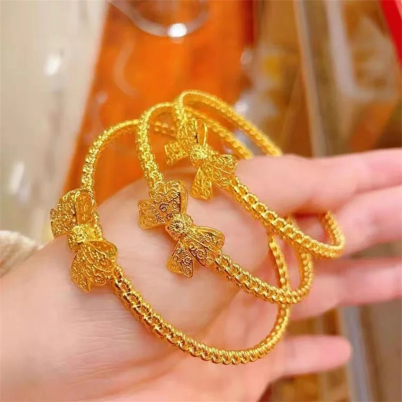 

High quality original 24K gold princess bracelet AU999 gold filigree bow opening women's wedding bracelet high-end jewelry gift