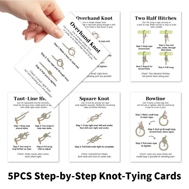 5Sheets Essential Knot-Tying Instruction Cards,Step-By-Step Visual Guide,For Everyday&Outdoor For Camping,Hiking,Survival Skill