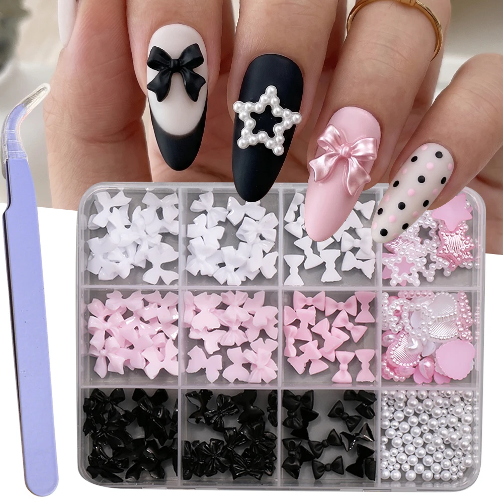 

Resin Bow Knot Nail Art Decorations With Pearl Heart Star Shaped Half Circle DIY Decorations Charms Beauty Nail Accessories