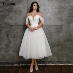 Toofgon Ivory Dots Tulle Wedding Dresses Short Off The Shoulder Lace Up Women Bride Dress Formal Party Bridal Gowns Customized