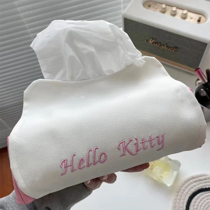 MINISO Sanrio Hello Kiity Kotak Serbet Kertas Kartun Kt Kotak Tisu Kucing Lucu Kulit PU Kotak Penyimpanan Kertas Rumah Mobil Hadiah Anak Perempuan