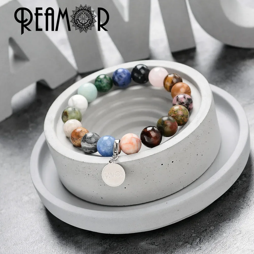 REAMOR Universe Galaxy Solar System Natural Stone Bracelets Star Eight Planets Elastic Beaded Charm Bracelet Men Women Jewelry