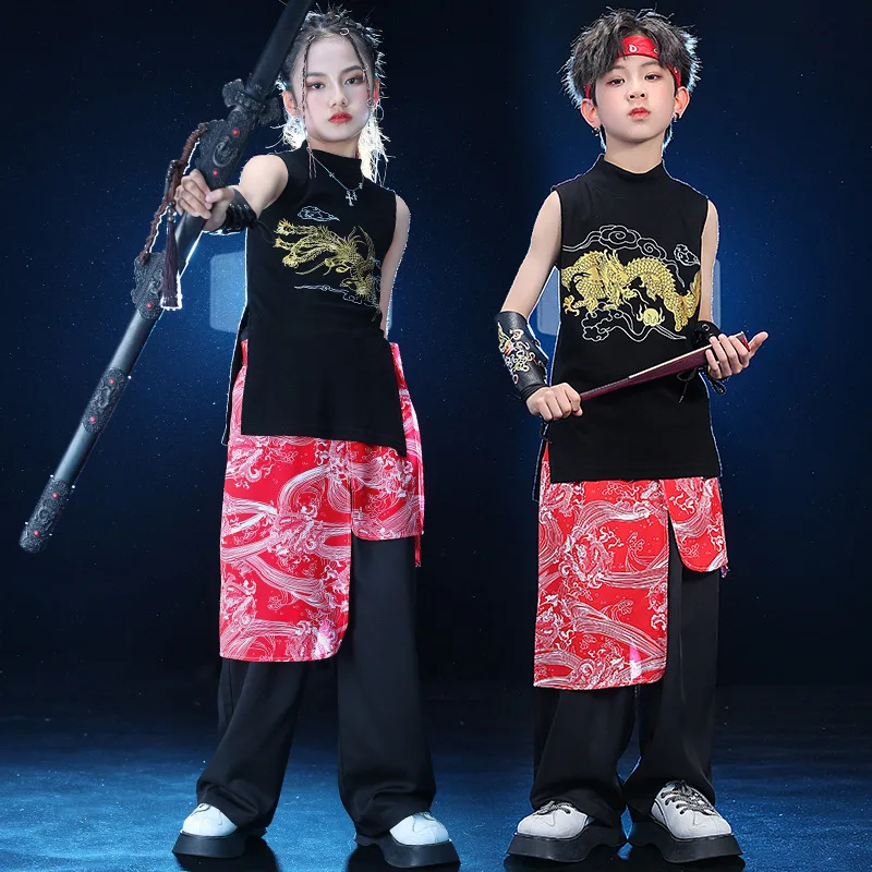 Camiseta sin mangas de Kung fu Tai Chi para niño y niña, Pantalones anchos informales, ropa de Hip Hop, traje de baile de Jazz, color negro tradicional chino