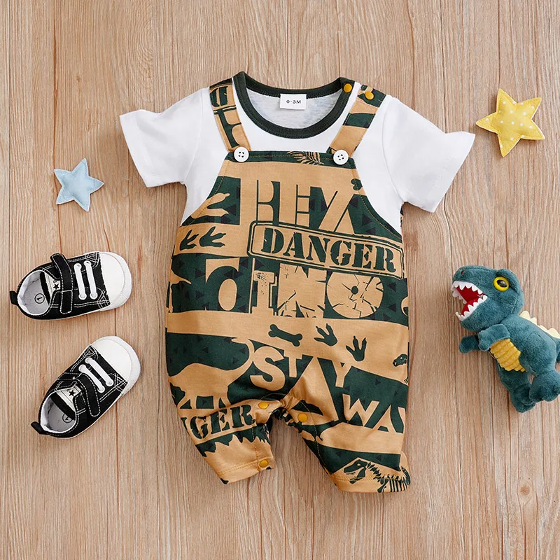 Newborn Clothing Cute Cartoon Strap Dinosaur Print Comfortable And Soft Boy And Girl Summer 0-18 Short Sleeved Baby Jumpsuit