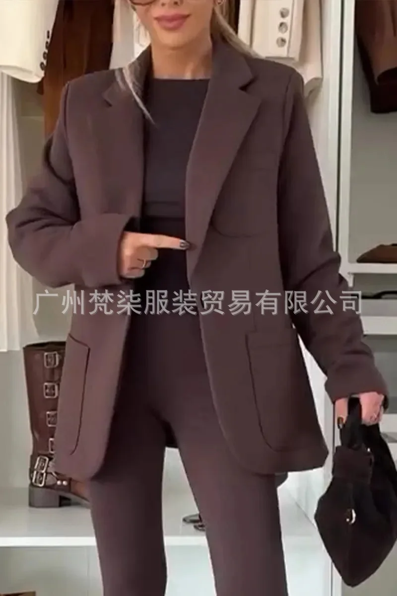 Jaket Jas Wanita Model Slim Terbaru 2025, Kasual Musim Gugur, Longgar, Warna Solid, Kerah Lapel, Saku, Cardigan