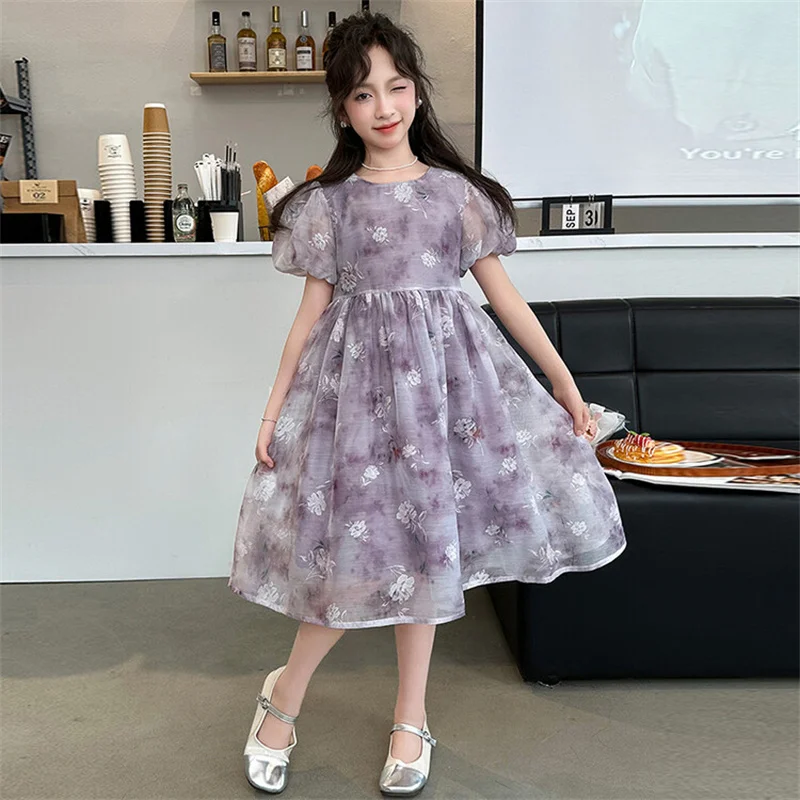 Girls Summer Dress 2024 new CuHK children Korean edition floral chic princess dress 6-12 years old 15 years old sweet