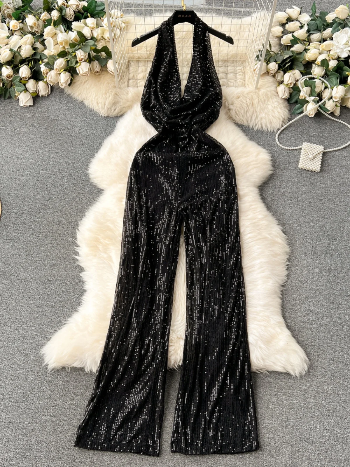 Shiny Sequin Jumpsuit Women's Fashion Neck Hanging Back Exposure High Waist Pants Commute Style Long Straight Tube Pants
