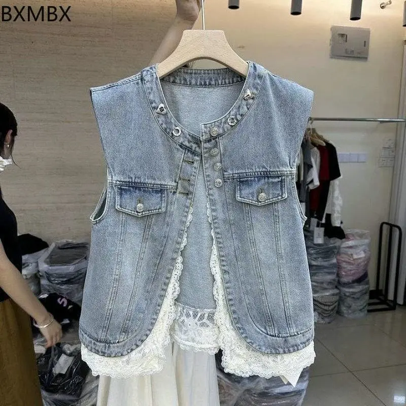 

Sleeveless Outer Wear Denim Vest Vest Women's Spring and Autumn 2025 New Lace Splicing Crew Neck Vest