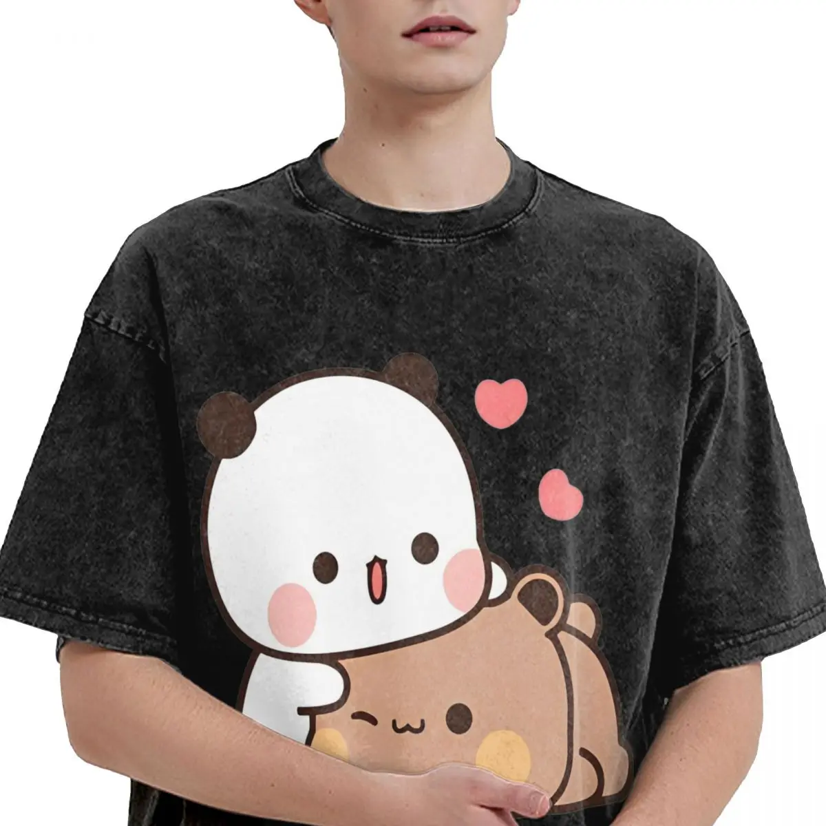 Men T Shirt Cute Panda Bear Bubu Dudu Fun Love Power Washed T-Shirts Harajuku Beach Tees Vintage Cotton Clothing Birthday Gift