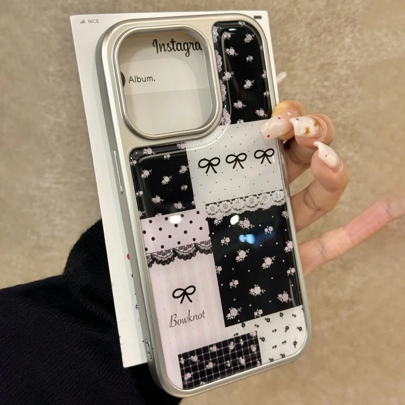 INS Cute Lace Bow Floral Polka Dot Letters Plating Phone Case For iPhone 16 15 14 Pro Max 13Pro Protective Back Cover Sweet Girl