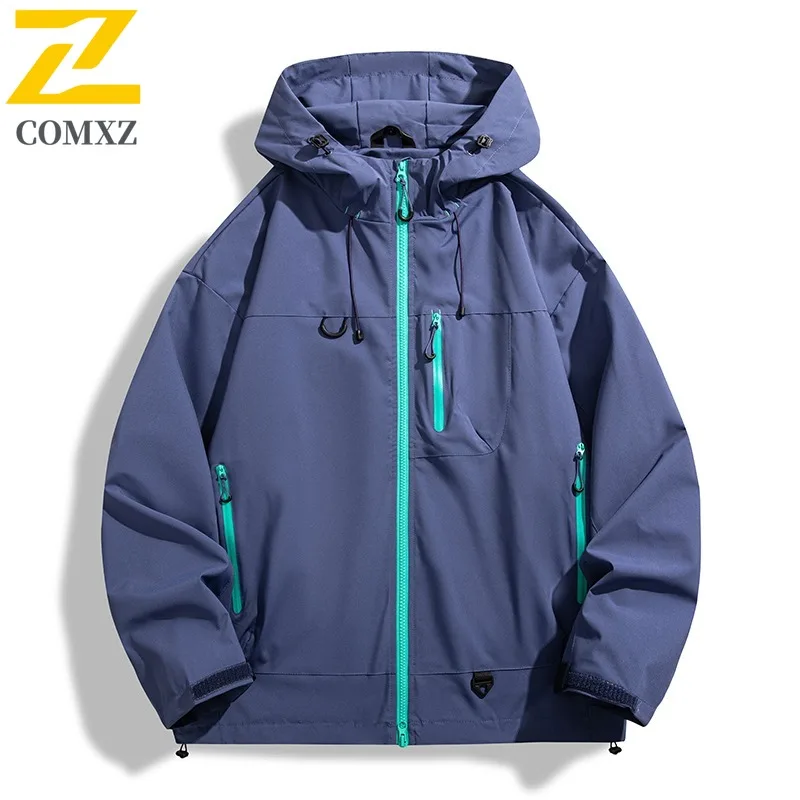 

COMXZ Men Windbreaker Jacket Multi Pocket Outdoor Hooded Fish Solid Color Hunting Camping Trench Coat Walking Windproof Jacket