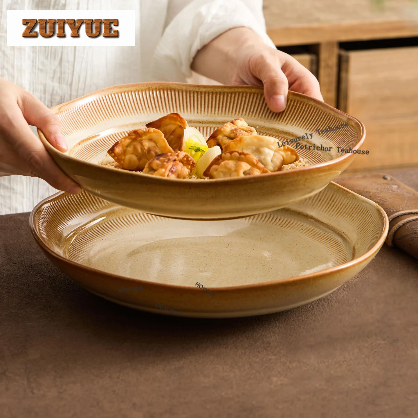HOYIHM Kiln Fambe Ribbed Soup Plate New Household Salad Plate Fruit Plate Retro Ceramic Plate Creative Serving Plate Tableware