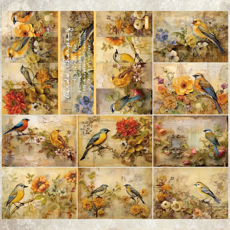 Vintage Songbird Spring Floral Music Script Scrapbooking Paper Pad Collage DIY Craft Invitation Cardmaking Junk Journal