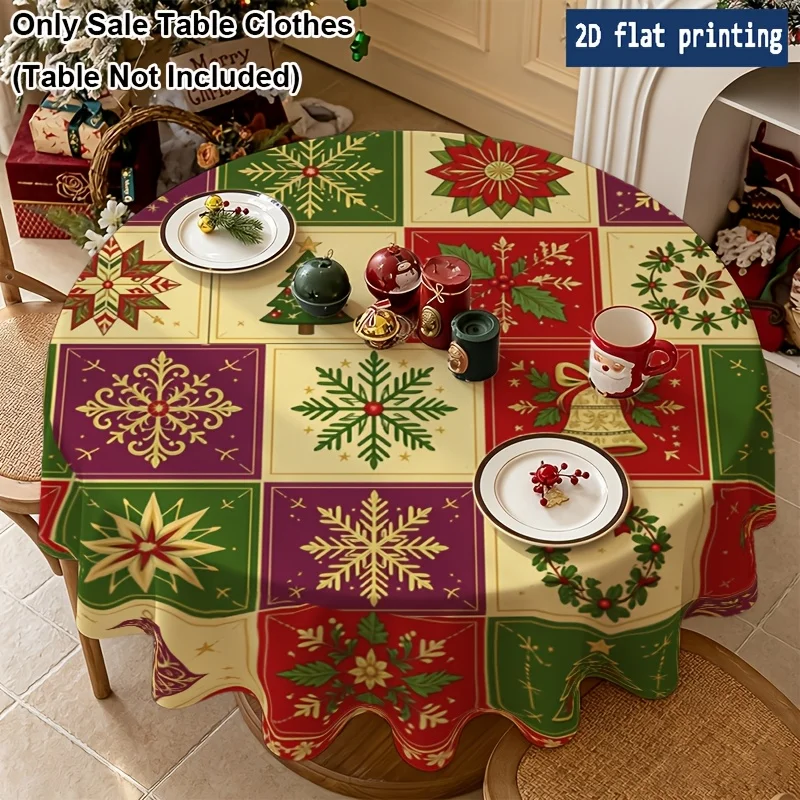 1-Piece Christmas Patchwork Holiday Icons Christmas Round Tablecloths, Pie a Christmas Home Decor, Seasonal Decorations