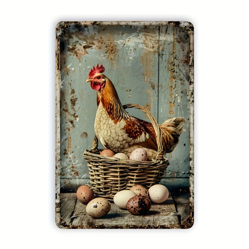 Vintage Farm Chicken and Fresh Eggs Metallic Paint Signboard Wall Decoration，Animal-themed metal plaque