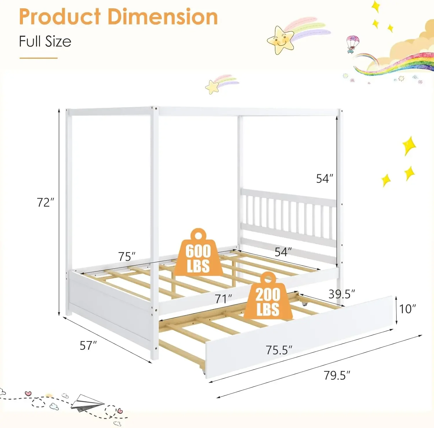 Wood Canopy Bed with Trundle, Full Size Kids Solid Wood Platform Bed Frame with Headboard, Modern Space Saving Full Bed