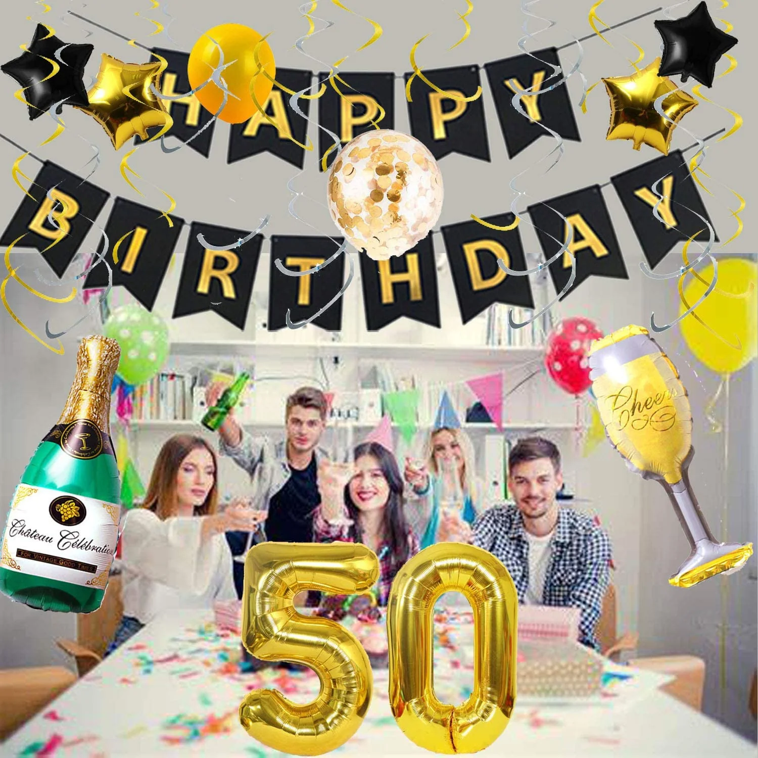 50 ปีตกแต่งแบนเนอร์หมายเลข 50 ชุดลูกโป่ง,สีดำทองแขวนหมุนปาร์ตี้ของชำร่วยของขวัญ,เชียร์ 50 ปี