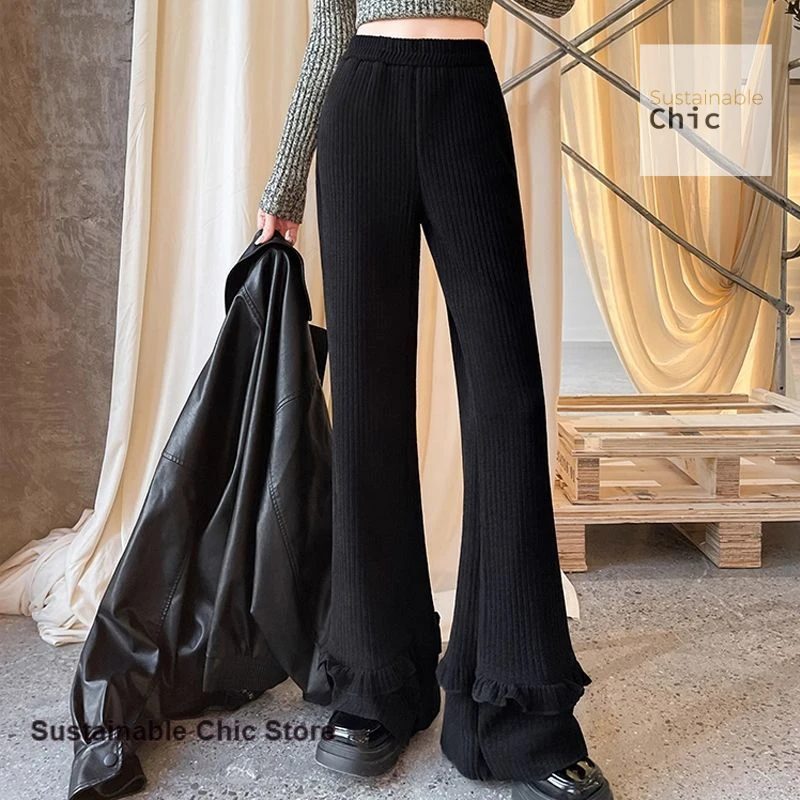 French Auricularia lace Austrian velvet micro-pants women's autumn and winter new velvet soft waxy leisure mop wide-leg pants.