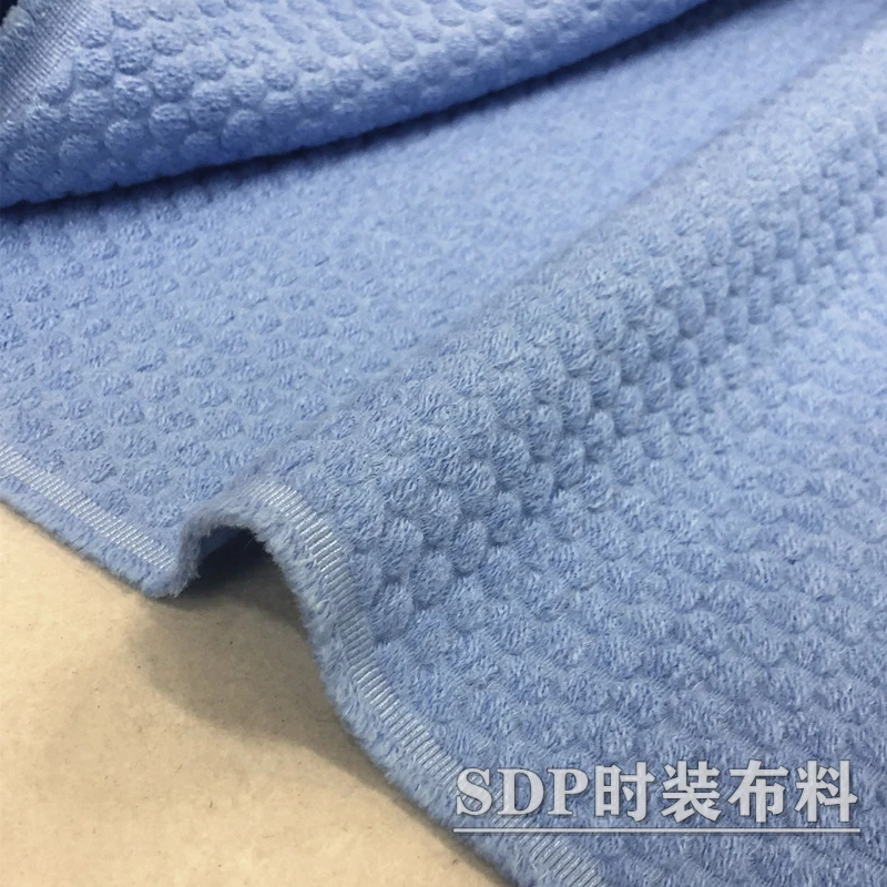 Blue with Dots Concave-Convex Jacquard Texture Solid Color Simple Blended Fashion Fabric Designer Cloth