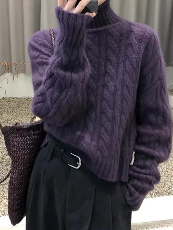 

Autumn and winter thick twist women's semi-high neck short knitted cashmere sweater loose sweater bottoming shirt