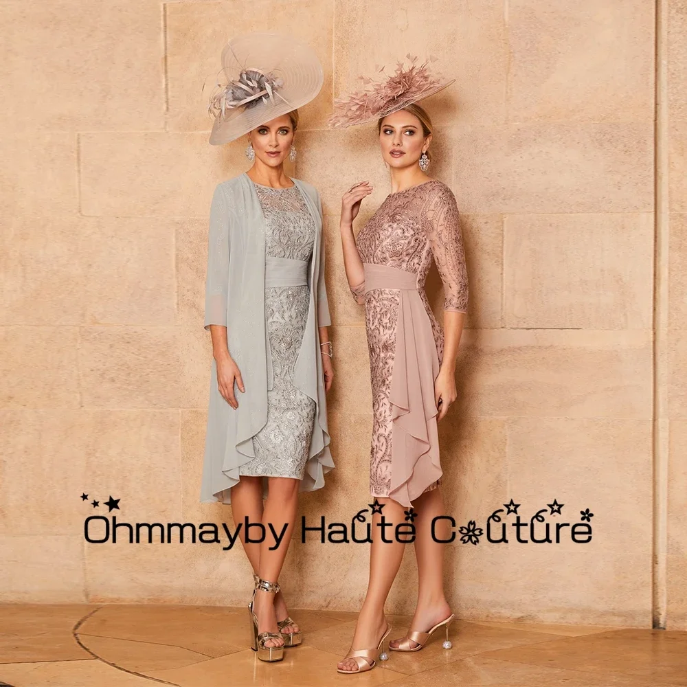 

Fashion Knee Length Chiffon Lace Wedding Party Gown for Ladies with Belt Three Quarter Mother Of Bridal Dresses 2024 Summer