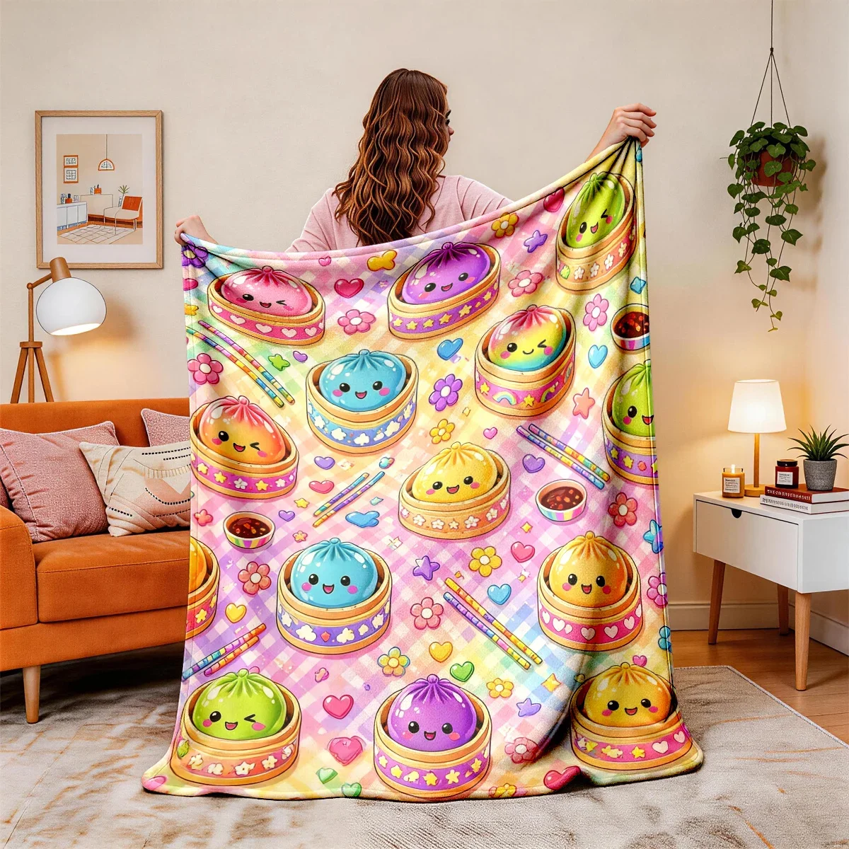 One Pc Large Retro Macaron Plaid Blanket Suitable For Bed Sofa Travel Soft Flannel Throw With Xiaolongbao Dumpling Heart Flow