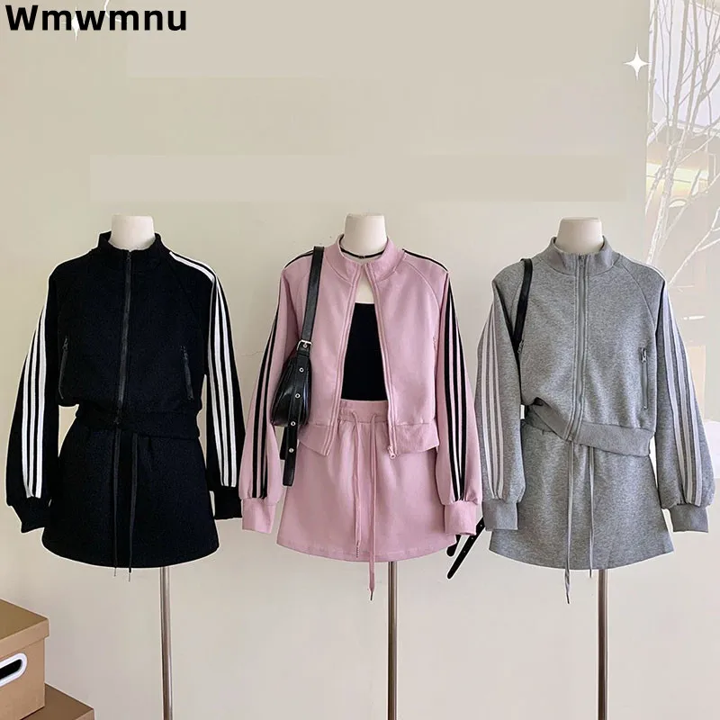 

Sping Fall Women Tracksuits 2 Piece Sets Korean Casual Side-striped Jackets Coats Tops Conjuntos High Waist Mini Skirts Outfit