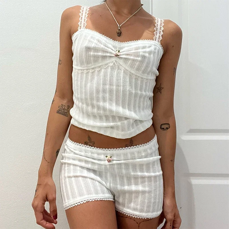 

Cute Aesthetic Summer Outfits Y2K Fairycore Chic Lace Trim Spaghetti Strap Camis Crop Tops + Shorts 2000s Vintage Clothes