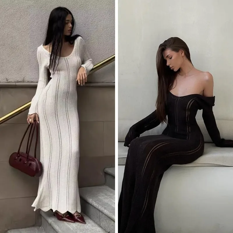 

Elegant Women's Knitted Long Dress Solid Back Lace Up Dress Hollow Out V-Neck Flared Sleeve Lace Hem Maxi Dresses Fashion Robe