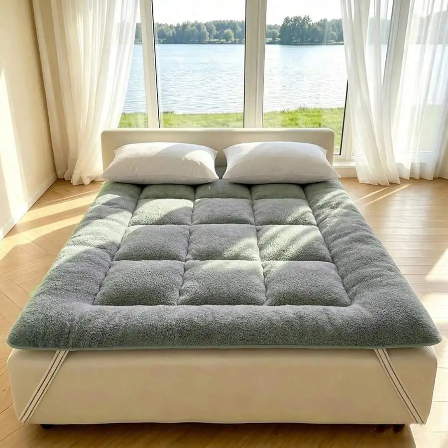 Foldable Mattress Topper Mattress Pad, Ultra Soft Fluffy Plush & Faux Rabbit Fur Bed Cushion, Portable Sleeping Floor Mat For Be