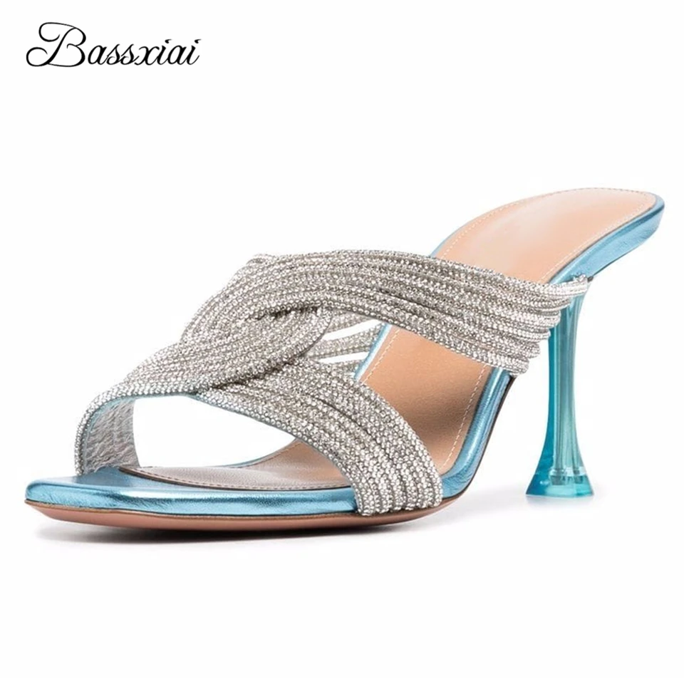 

Cross Twist Rhinestone Sandals Women Clear Crystal High Heel Slingbacks Multicolor Crystal Narrow Band Summer Mules