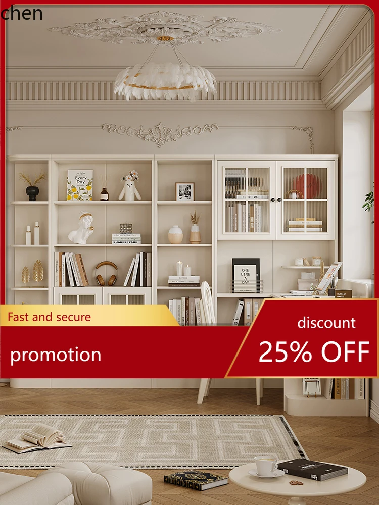 HT Cream Style All Solid Wood Corner Desk Bookshelf Integrated Home Desk Corner Storage Rack