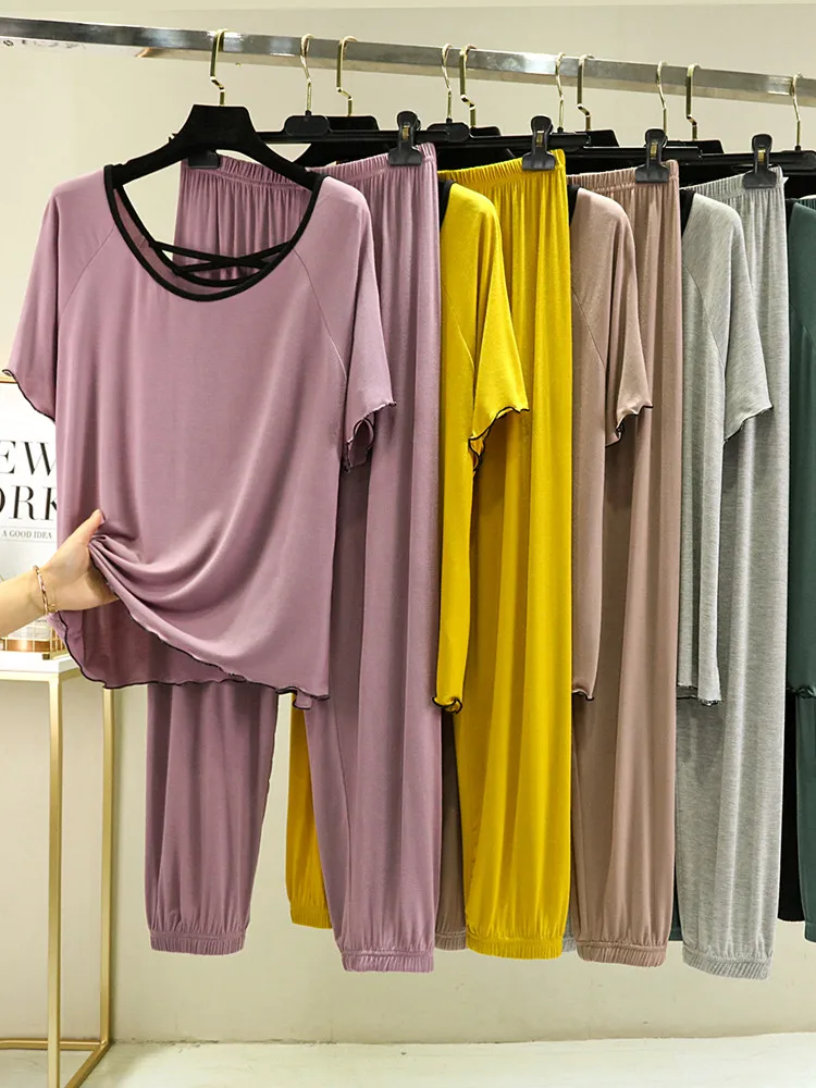 Thin Modal Home Clothes Women Summer Loose Beautiful Back Set Can Be Worn outside Short Sleeve Long Pants Two-Piece Set Casua...