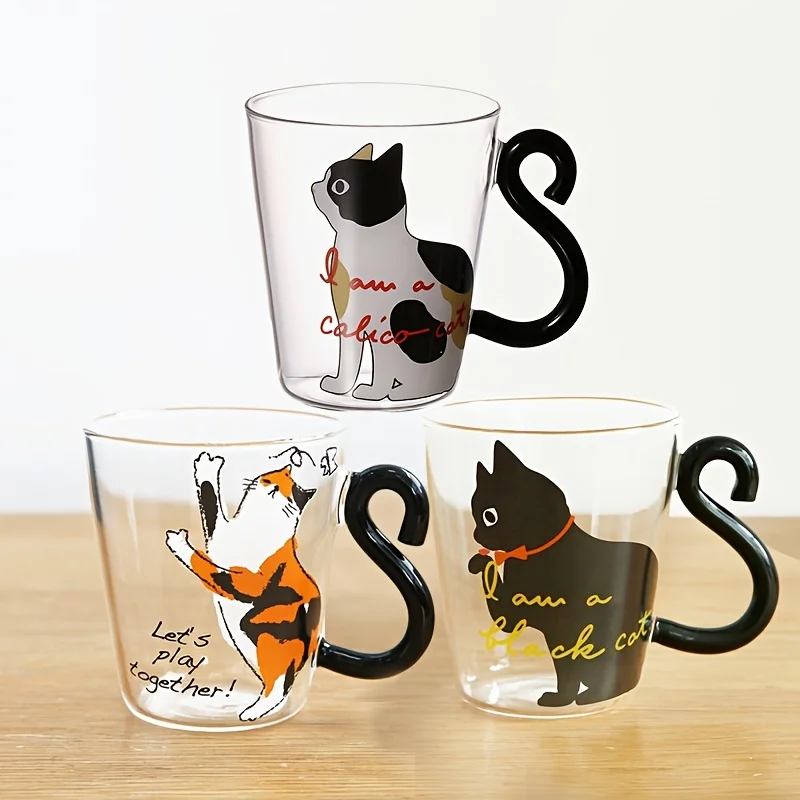 

250ml Transparent Glass Cat Mug with Handle Microwave Safe Cute Milk Cup for Students Breakfast