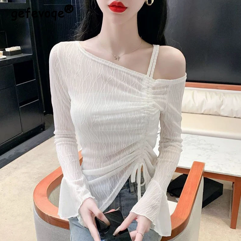 Women's Clothing Stylish Sexy Off Shoulder Lace-up Asymmetrical Design T-shirts Y2K White Long Sleeve Slim Sweet Chic Fairy Tops