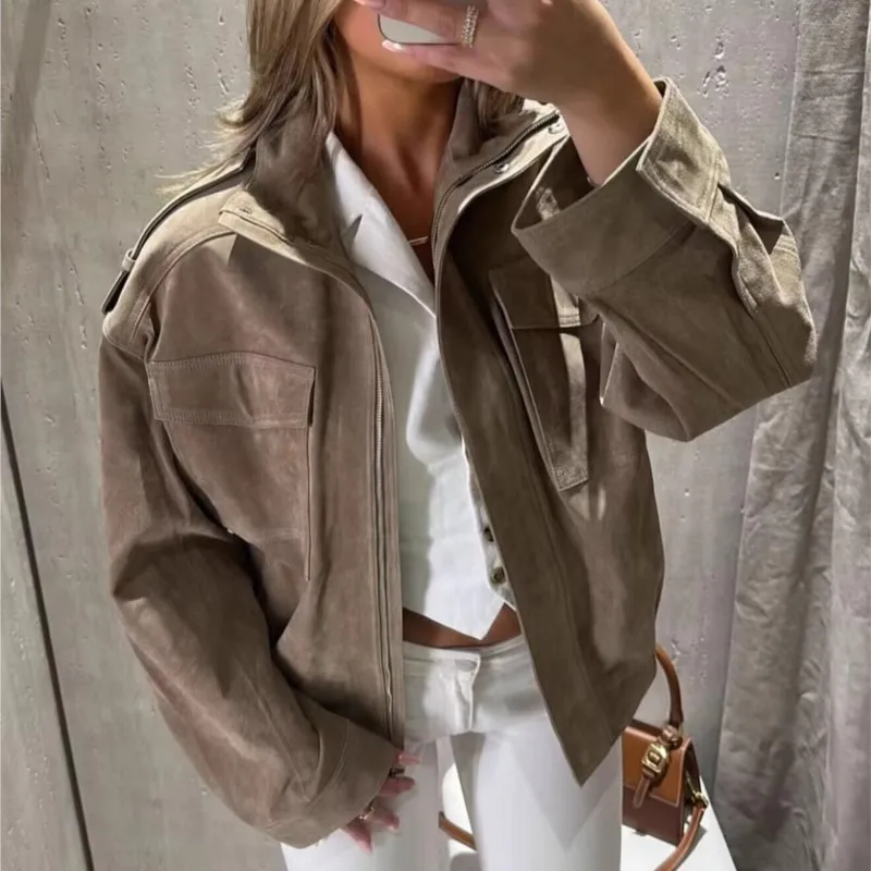 

2025 Winter New Women's Jacket Faux Suede Texture Outerwear Strappy Details Loose-Fit Design Stylish Coat Autmn Daily Coats