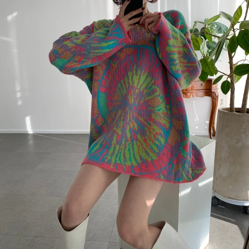 2022 New Women Loose Sweater Korea Chic Autumn Winter O-neck Pullover Loose Jacquard Design Casual Versatile Midi Knit Pullover
